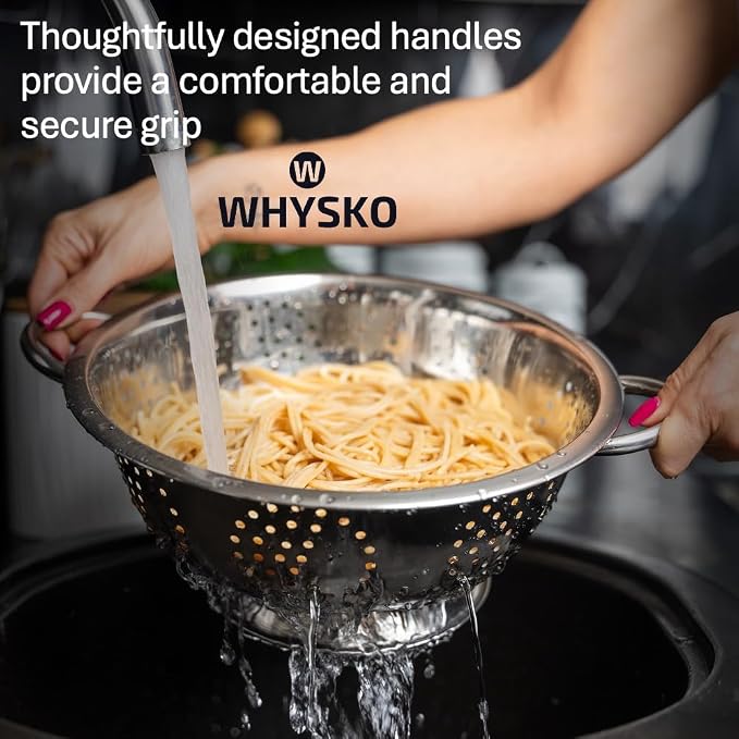 3-Pack Stainless Steel Colander Set, 5, 3 & 1 Qt with Handles | Durable Metal Kitchen Strainers Set with Heat Resistant Handles for Pasta and More, Rustproof and Dishwasher Safe