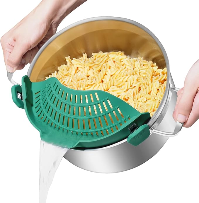 AUOON Pot Strainer Clip on Silicone, Large 10.45 x 4.33 in, Sea Blue | Fits Pots Pans Bowls, Dishwasher Safe, for Pasta Noodles Vegetable Fruits, Space-saving Kitchen Gadget