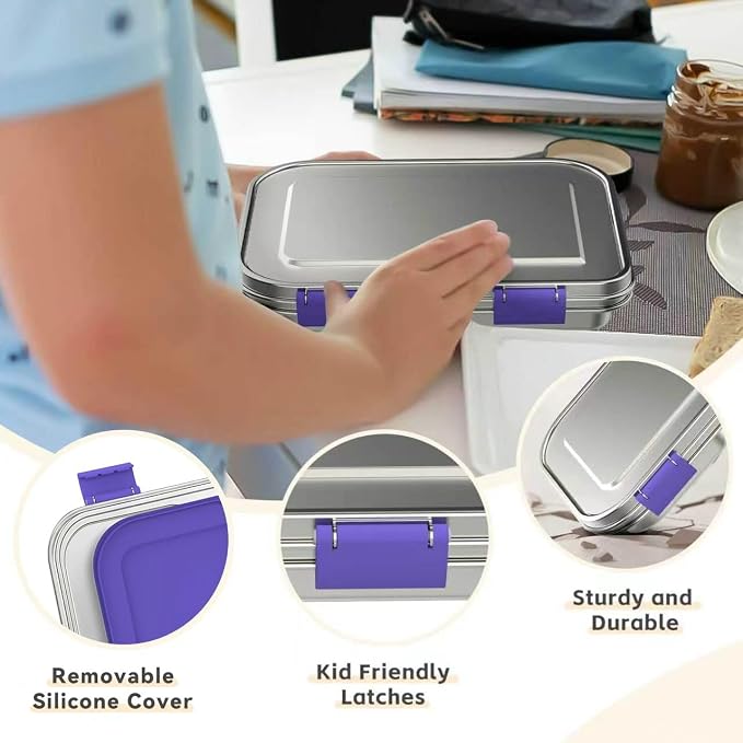 BOSEDSANG Stainless Steel Kids Leak-Resistant Bento Lunch Box, 3-Compartments with Silicone Container, Dishwasher-Safe, Child-Friendly Design for School, Picnics & Travel,BPA-Free(Purple)