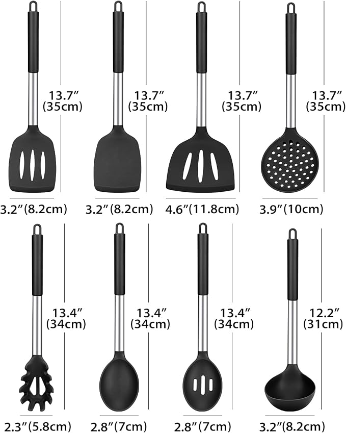 Silicone Cooking Utensils Set, 8 Pcs Kitchen Utensils with Holder, Black | BPA Free and Heat Resistant, Kitchen Tools for Non Stick Cookware include Spatulas, Turners, Spoons, Skimmer and Pasta Fork