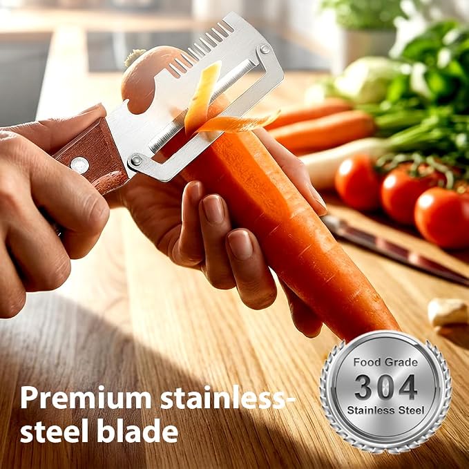 Multi-Functional Vegetable Peeler for Kitchen, 2026 New Stainless Steel Peeler with Wooden Handle and Bottle Opener, Kitchen Tool for Fruit Veggie Pumpkin, Gifts for Mom (Brown，2PCS)