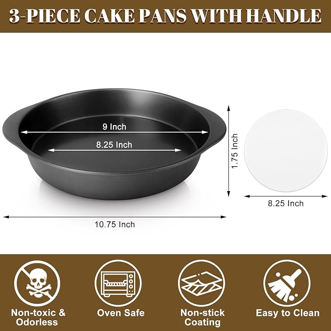 9 Inch Cake Pan Set, 3-Piece Carbon Steel Round Cake Pans with 100 Pre-Cut Parchment Paper Rounds, Nonstick Baking Pans for Layer Cakes, Pizza and Desserts