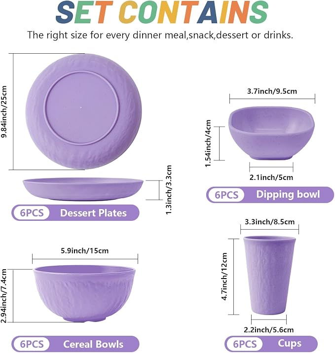SHECIPIN 24-Piece Wheat Straw Dinnerware Set, Large Round Plates, Bowls and Cups, Unbreakable dish set, Dishwasher and Microwave Safe, Outdoor Camping Dishes
