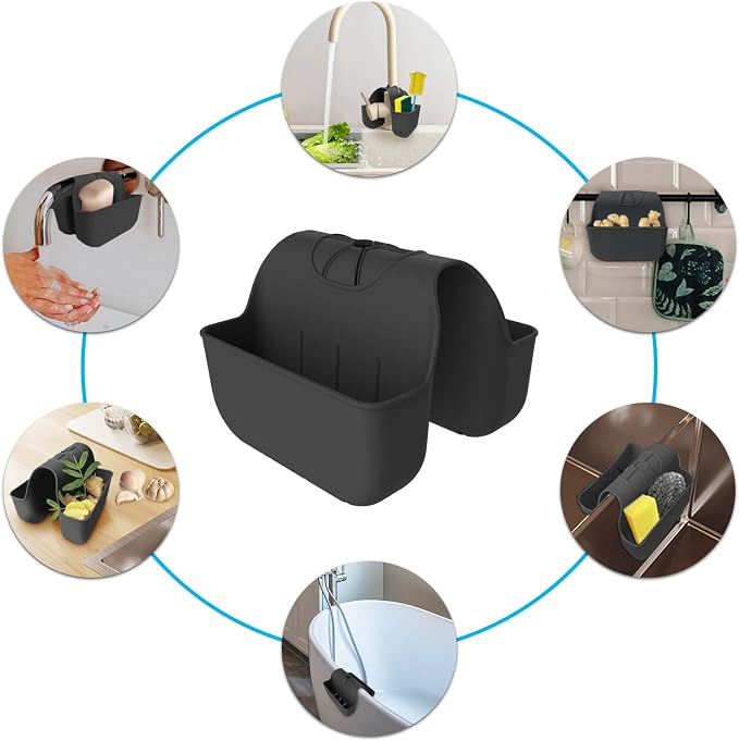 Sponge Holder for Kitchen Sink, Silicone Sink Saddle Caddy Organizer Rack, Sponges Holder Over Faucet, Hanging Kitchen Organizer Accessories Rack Basket Black