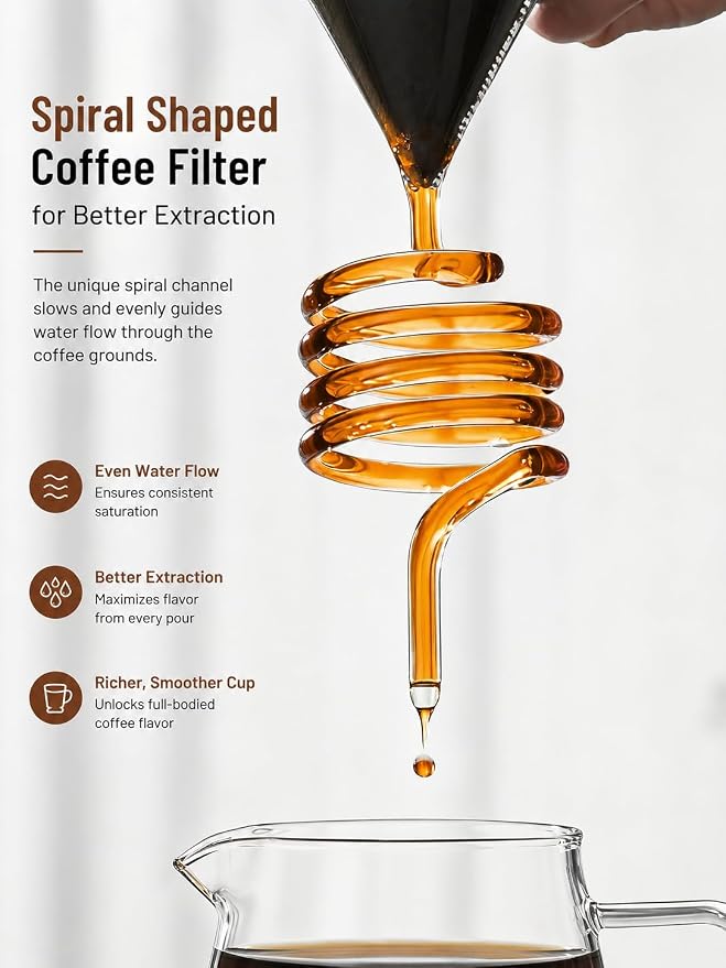 Pour Over Coffee Maker Set, with Adjustable Coffee Stand, Double Layered Glass Coffee Pot, Spiral Shaped Coffee Filter