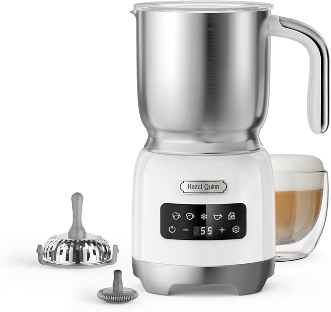 Hazel Quinn Milk Frother, Hot & Cold, Detachable Jug, 400ml, Pearl White | 5-in-1 electric milk frother and steamer, large capacity, stainless steel , dishwasher safe, for coffee/milk/hot choc