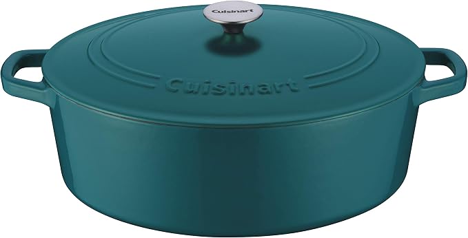 Cuisinart Chef's Classic Enameled Cast Iron Dutch Oven with Lid, Porcelain Enameled Interior, Oven Safe, Induction Compatible, 7-Quart, Oval, Teal