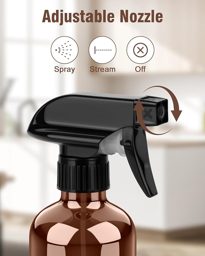 Bontip Glass Spray Bottle 16 oz for Cleaning, Plants (2 Pack, Amber) | Refillable spray bottle Set, BPA-free eco glass, With labels and funnel, Great for cleaners, plant misting, hair care