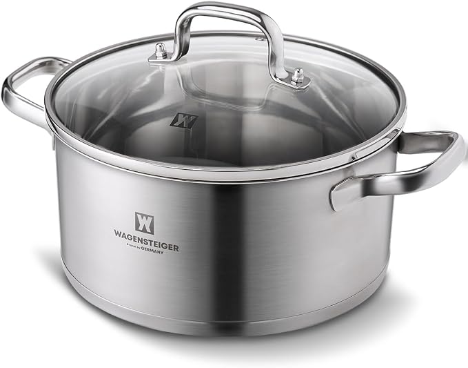 WAGENSTEIGER 7.27-Quart Dutch Oven, Stainless Steel 3-Layer Construction with Aluminum Core, Tempered Glass Lid, Spacious Stock Pot for Boiling, Stewing, Canning – For All Stovetops (9.84" Diameter)