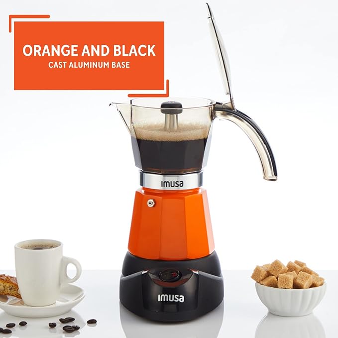 IMUSA 6 or 3 Cup Electric Espresso Maker with Cool-Touch Handle, Orange | Bare Aluminum Finish, Cool-Touch Handle with Visual Indicator, Makes Espresso, Ideal for Everyday Use and Gifts