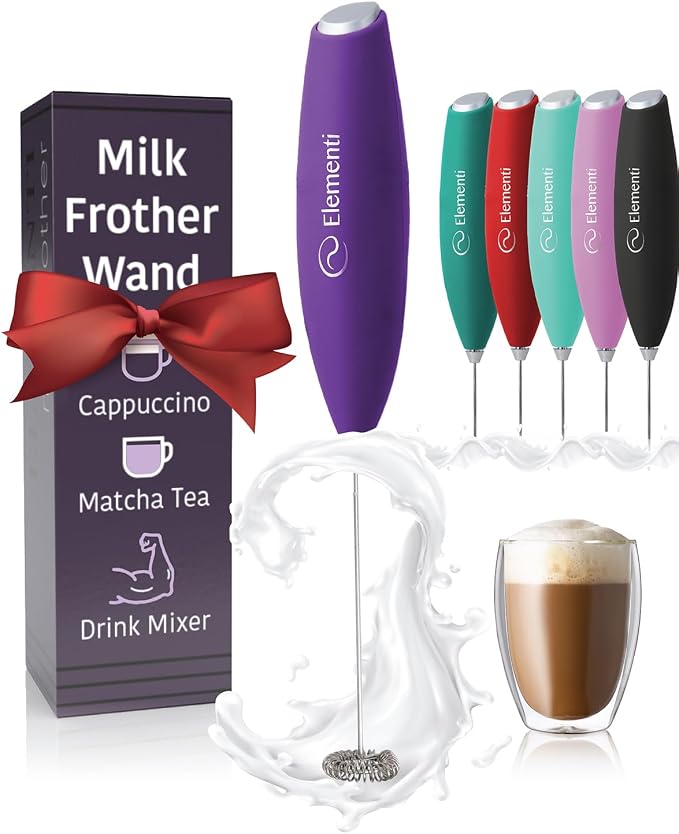 Elementi Drink Mixer Handheld - Electric Stirrer and Powerful Protein Powder Mixer Wand, Easy-to-Use Mini Frother Wand for Quick Delicious Cocktails, Milk Frother and Coffee Stirrers (Purple)