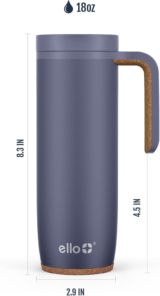 Ello Magnet 18oz Insulated Stainless Steel Travel Mug with Handle, Shadow | Leakproof coffee tumbler with side handle and cork coaster. BPA-free, keeps drinks hot for 5 hours, great for coffee and tea.