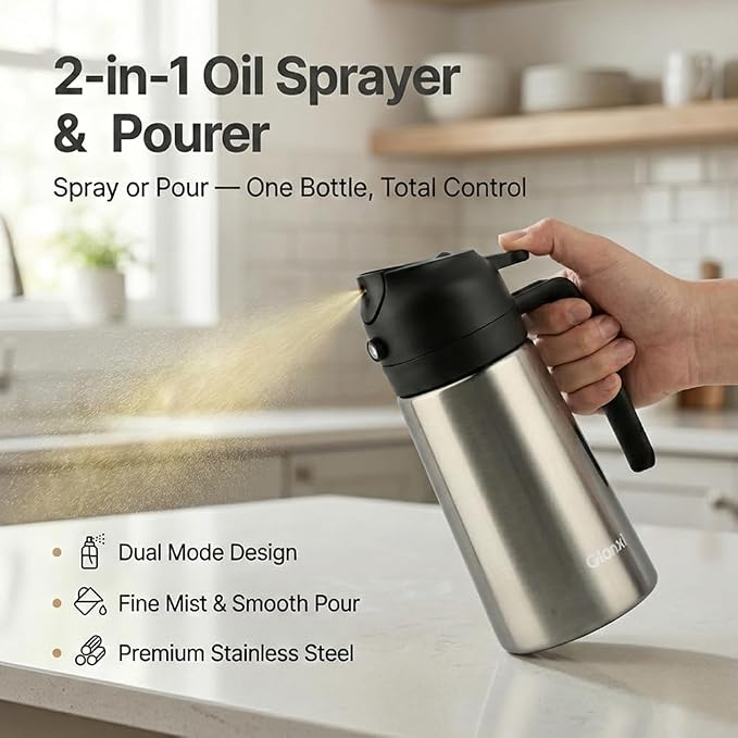 Oil Dispenser Bottle, 2 in 1 Olive Oil Sprayer and Dispenser, 470ml Stainless Steel Oils Bottle Non-stick Ceramic Interior Oils Sprayer for Cooking BBQ Air Fryer Salad Baking