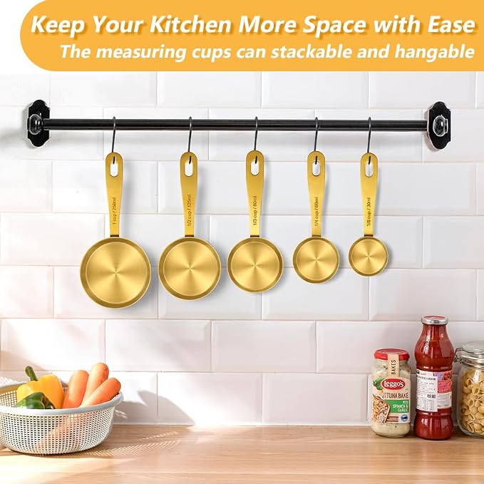 Gold Measuring Cups & Spoons Set for Cooking, 13pcs | 5 Gold Measuring Cups, 7 Double-Sided Measuring Spoons & 1 Leveler, Gold Baking Kitchen Gadgets for Dry & Liquid Ingredients