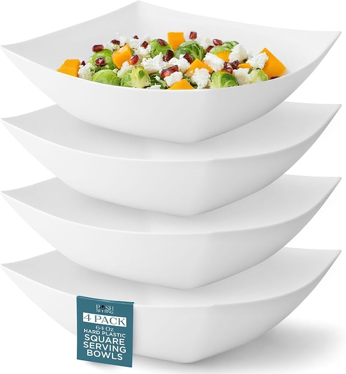 4 Pack Disposable White Plastic Serving Bowls Square Party Candy Use 64oz | Square Design. Disposable Party Tableware. Salad, Fruit & Candy Use. Candy Buffet Containers. White Plastic.