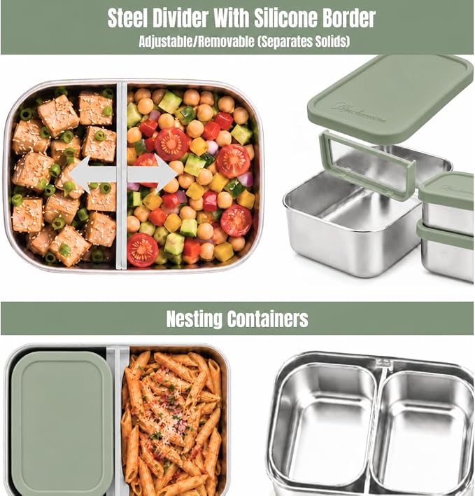 Flexibento Leak Proof 40 OZ Stainless Steel Lunch Box, Silicone Lids, Sage Set of 3