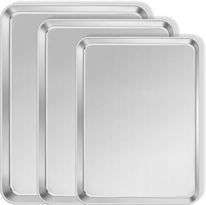 Leonyo Non-Toxic Stainless Steel Baking Sheet Pans For Cookies, 3 Pack | Commercial-Grade Metal 17IN Half/16IN Quarter/9x13IN Jelly Roll Sheet Pans, Toaster Oven Trays For Cookies, Dishwasher Safe