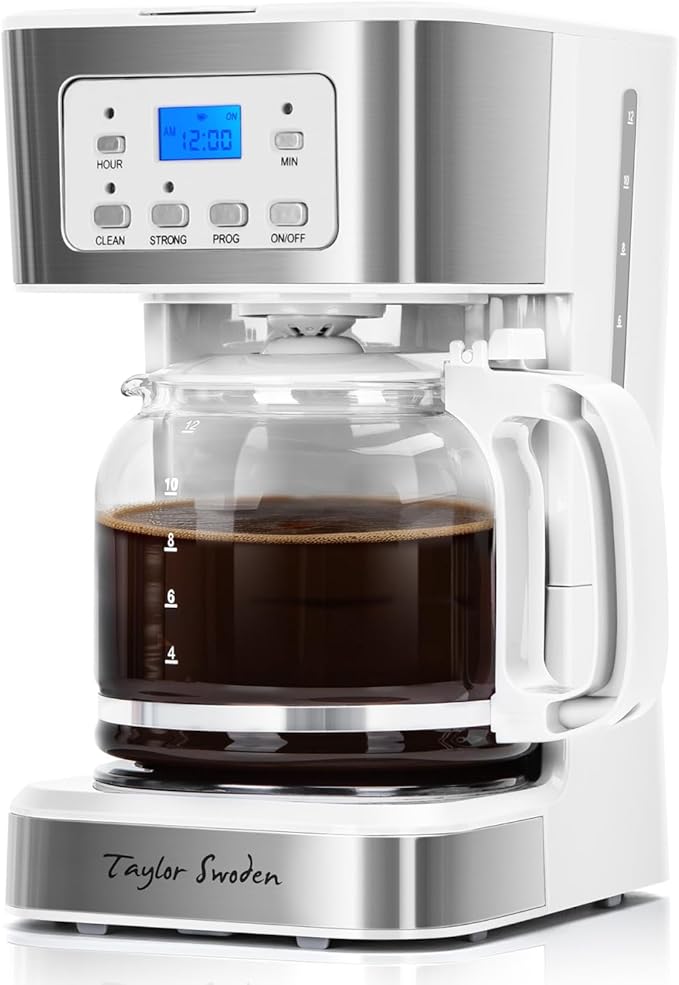 Taylor Swoden 12-Cup Programmable Coffee Maker, White & Stainless Steel | Regular & Strong Brew Drip Coffee Machine for Home and Office, Glass Carafe, Pause & Serve, Auto Shut Off