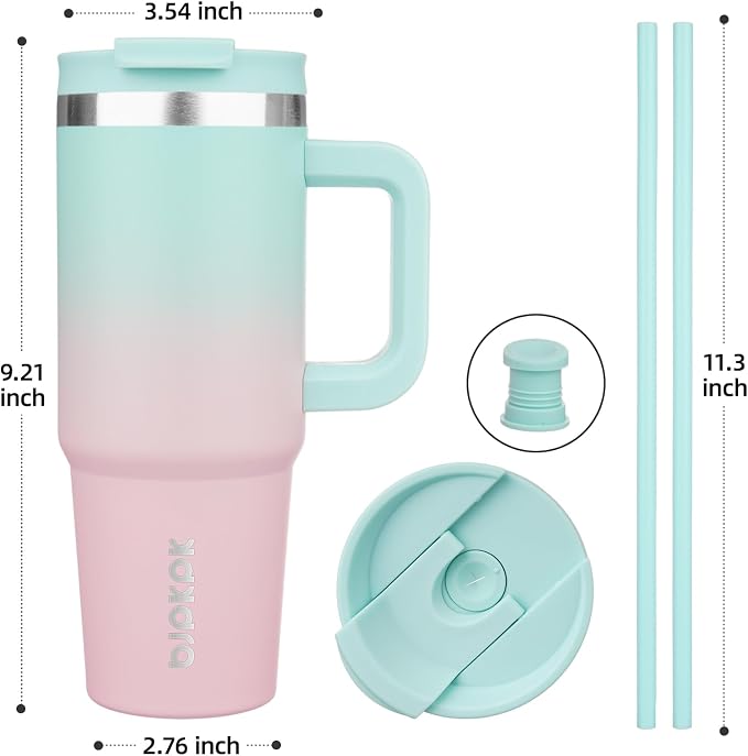 BJPKPK 30 oz Insulated Tumbler with Handle & Straw, Stainless Steel | Double Wall Vacuum Insulation, Leak Proof, BPA Free, Dishwasher Safe, Cupholder Friendly, Travel & Outdoor, Bubble Gum