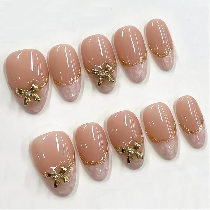 30Pcs Medium Almond Press On Nails Pink French Tip Fake Nails with 3D Metal Bow Rhinestone Design Cute Artificial Stick On Nails Full Cover Acrylic Nail Tips False Nails for Women Manicure