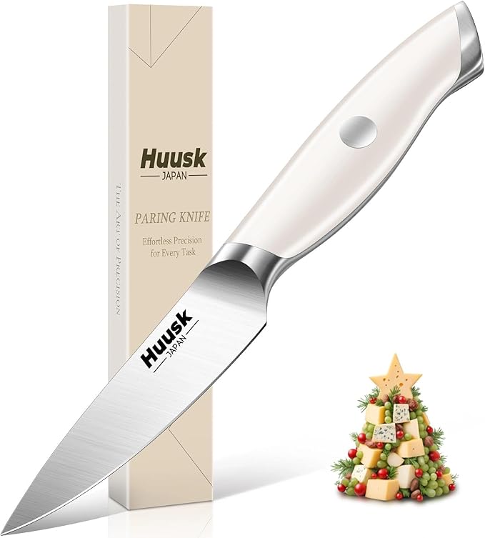 Huusk Paring Knife Ultra Sharp - 3.5" Small Kitchen Knife, Ivory White Grip | Japanese Stainless Steel, Well-balanced, Ergonomic, for Vegetable Fruit Peeling Coring Cutting, Men & Women Gift