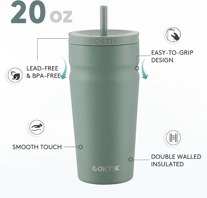 COKTIK 20oz Insulated Tumbler with Lid and Straw Iced Coffee Cup Reusable Stainless Steel Travel Mug Water Bottle Cupholder Friendly for Women Men Her Him (Bay Leaf)