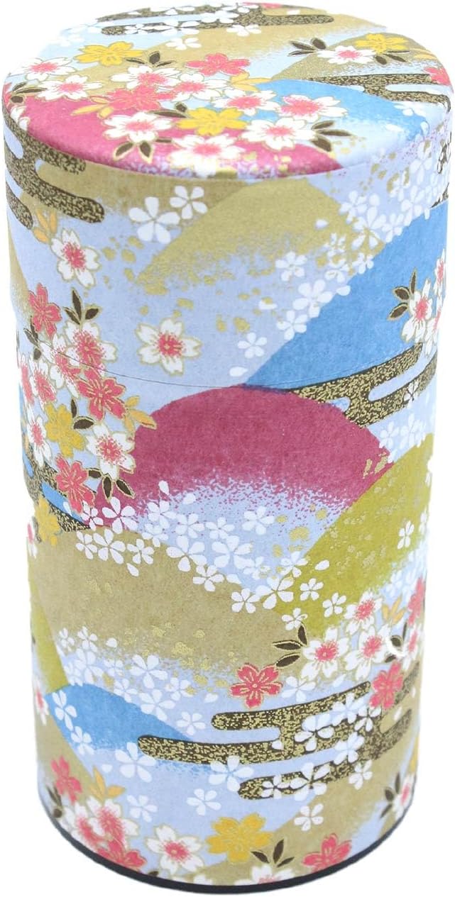 Japanese Pokkan Matcha Coffee Spice Tea Tin Canister Washi Paper Storage with Lid 7.05 oz Capacity (Fuji Flower, L)