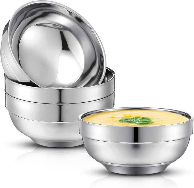Funnymoom 4 Pack 24 Oz stainless Steel Bowls Double Walled Insulated Soup Ice Cream Metal Mixing Nesting Bowls for Serving Soup Rice Cereal