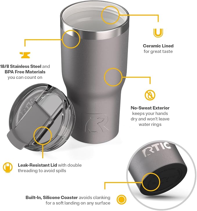 RTIC 20oz Essential Tumbler with Lid, Ceramic Lined, Graphite | Insulated, Stainless Steel Metal, Portable Travel Cup for Hot and Cold Drinks, Coffee, Car, Camping and Travel