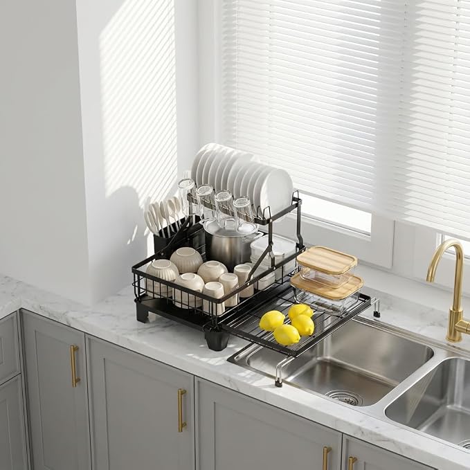 Large 2 Tier Dish Drying Rack - Expandable Over Sink & Counter Use | Extendable Drying Space, Auto-Drain Spout, Stable Screw-Fixed Frame, Cup & Utensil Holder, Rust-Resistant Kitchen Rack, Black
