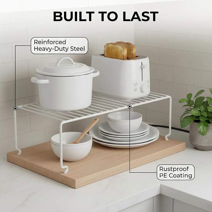 4-Pack Kitchen Cabinet Shelf Riser - Stackable Cupboard Organizer & Wire Rack for Pantry, Spice Organization, Desk & Bathroom, Rustproof Metal Closet Shelves, White (15.7" L x 8.5" W)