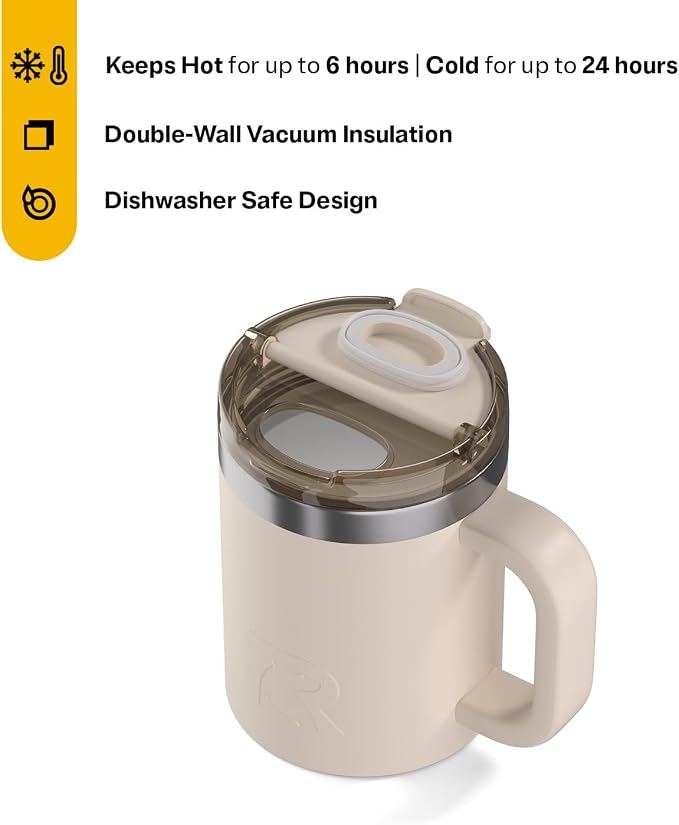 RTIC 12oz Essential Mug with Lid and Handle, Ceramic Lined, Beach | Stainless Steel Metal, Insulated Travel Cup for Hot and Cold Drinks, Coffee, Car, Camping and Travel