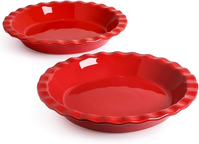 LE TAUCI Ceramic Pie Pans for Baking, 9 Inches Pie Plate for Apple Pie, Pecan Pie, 36 Ounce Deep Dish Pie Pan, Set of 2, Red