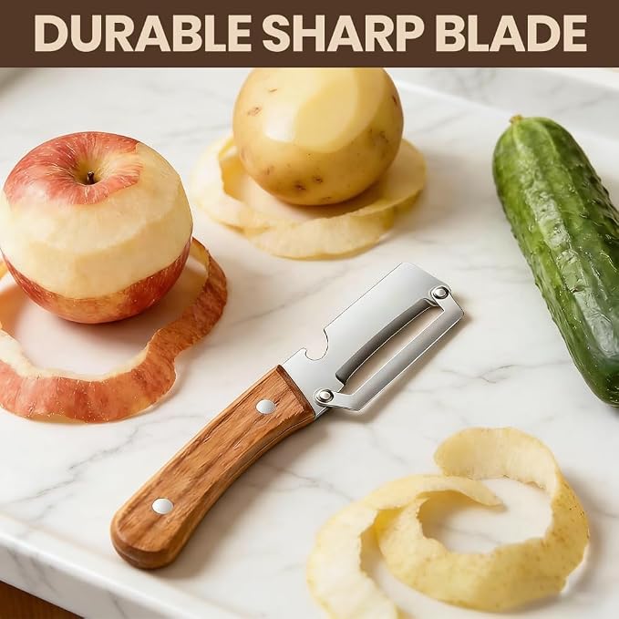 Premium Vegetable Peeler with Wooden Handle and Bottle Opener,Multi-Functional Vegetable Peeler for Kitchen, 2-In-1 Stainless Steel Kitchen Tool, for Fruit Veggie, Includes Bottle Opener (2PCS)