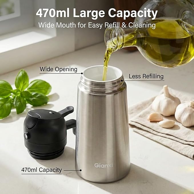 Oil Dispenser Bottle, 2 in 1 Olive Oil Sprayer and Dispenser, 470ml Stainless Steel Oils Bottle Non-stick Ceramic Interior Oils Sprayer for Cooking BBQ Air Fryer Salad Baking
