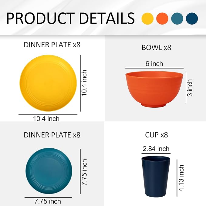 32-Piece Unbreakable Wheat Straw Dinnerware Set,Service for 8 | Premium multi-color wheat straw plates,bowls and cups set for family gatherings,rv camping,and everyday indoor-outdoor dining