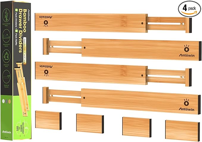 Bamboo Drawer Dividers Organizers, Drawer Separators Splitter,17-22 inches Long Adjustable Spring-loaded Organizer for Large Utensil, Clothes, Tools Drawers(yellow)