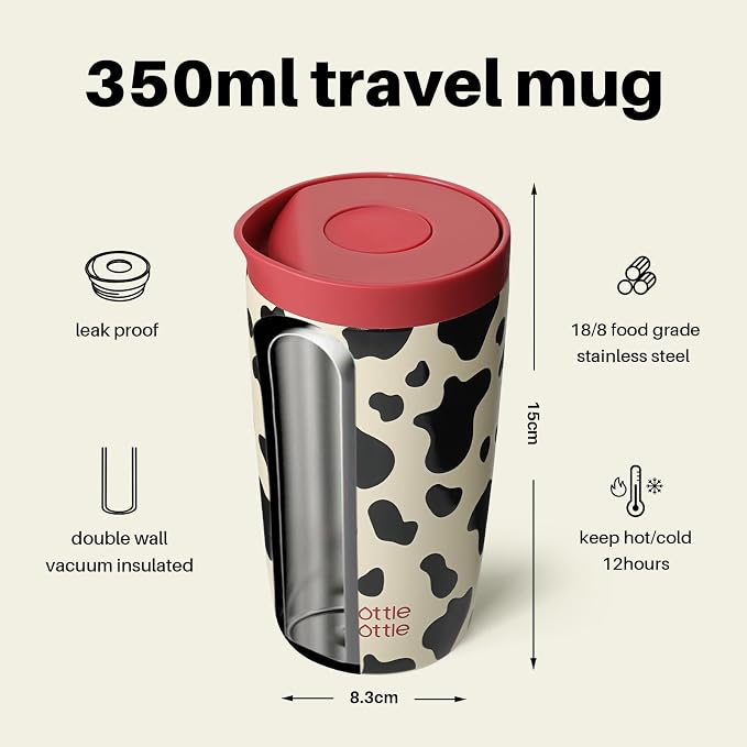 BOTTLE BOTTLE Insulated Coffee Tumbler with Push Button Lid 12oz(Cow) | Leakproof,Stainless Steel Travel Mug,Keeps Drinks Hot & Cold for 6 Hours,for Office & On the Go