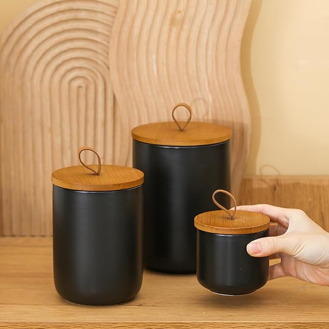 Ceramic Storage Jars, Modern Airtight Canisters with Wooden Lid (Black medium)