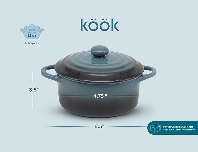 Kook Ceramic Mini Cocotte Set, Small Casserole Dishes with Lids and Handles, Individual Baking Ramekins, Oven safe 350F, Microwave & Dishwasher Safe, Stoneware, 12 oz, Set of 4, (Stone Ombre)