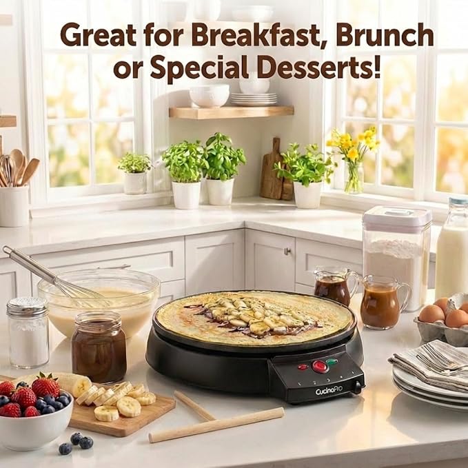 CucinaPro 12" Crepe Maker, Non-Stick Electric Griddle Pan w Batter Spreader | Dual Use Hot Plate for Breakfast Brunch, Blintzes, Eggs, Pancakes- Portable, Adjustable Temp Settings, Includes Recipe Guide
