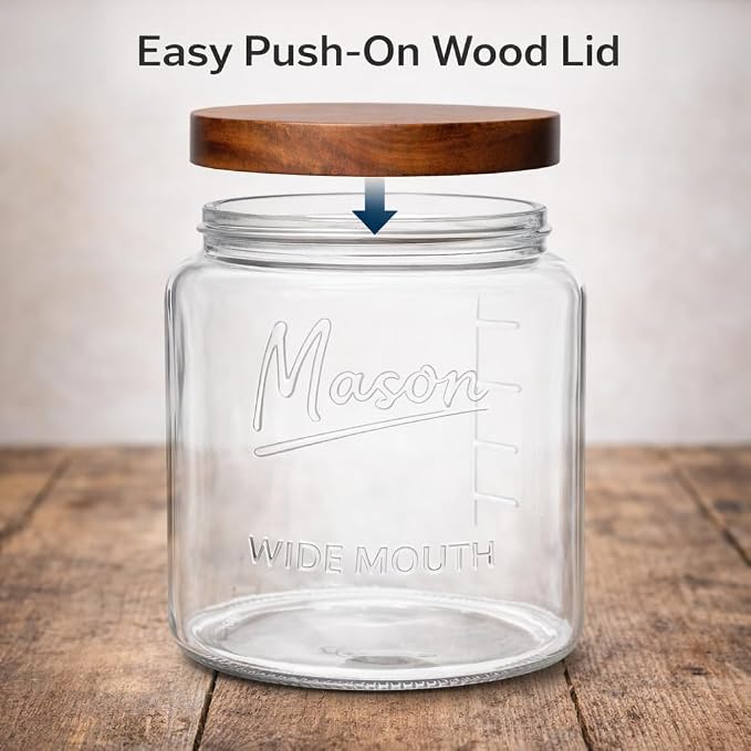 Half Gallon Glass Mason Jars with Airtight Push to Close Wooden Lids - Food Storage & Canning Jars with Measurement Markings - Pantry Containers for Flour, Sugar & Dry Goods - 64 oz (4pk)