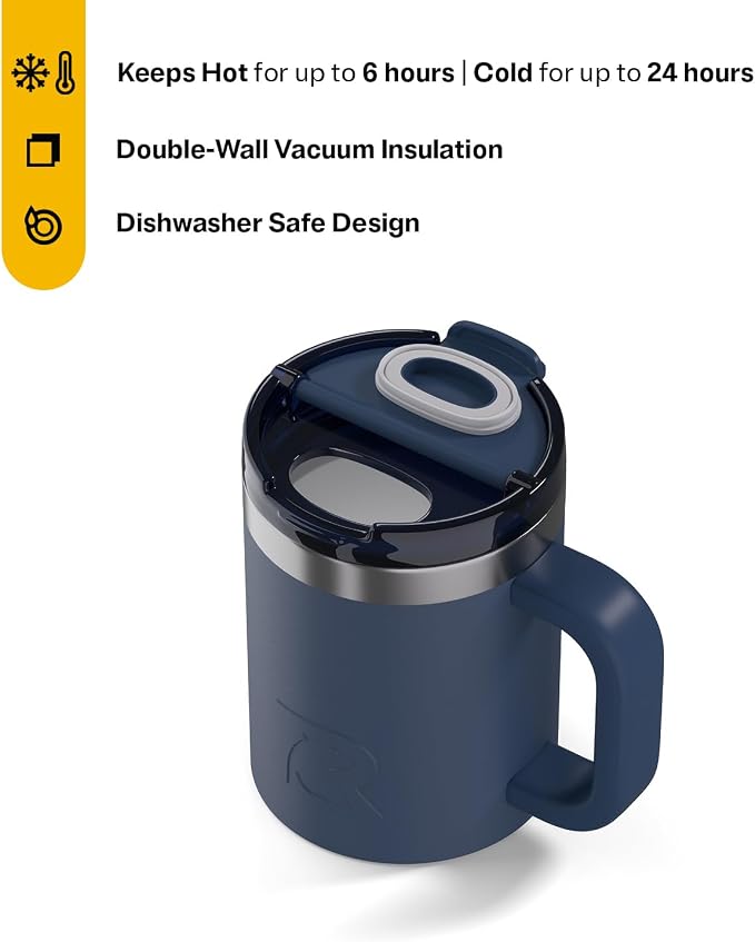 RTIC 12oz Essential Mug with Lid and Handle, Ceramic Lined, Navy | Stainless Steel Metal, Insulated Travel Cup for Hot and Cold Drinks, Coffee, Car, Camping and Travel