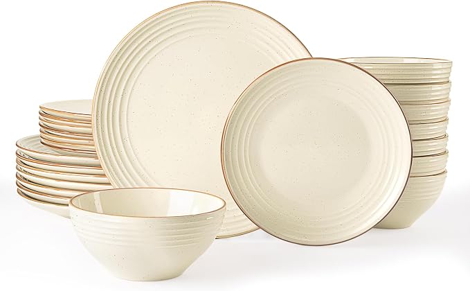 Famiware Jupiter Stoneware Dinnerware Sets for 8, Rimmed Plates and Bowls | 24-Piece Ceramic Speckled Dish Set, Chip & Scratch Resistant, Microwave & Dishwasher Safe, Rustic Modern Style, Vanilla White