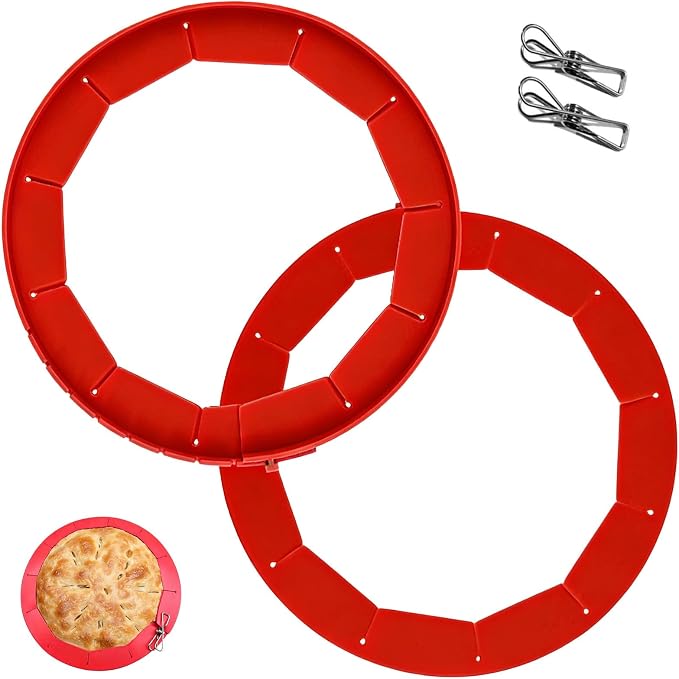 Easily Adjustable Silicone Pie Crust Protector, Fits8-11.5" Pie Crust | Food-Grade Silicone , Prevents Crust Edges from Burning,2 Anti-Slip Clips,BPA-Free, Oven/Microwave/Dishwasher Safe,red,2pcs