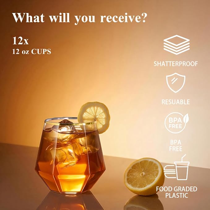 BESTSTAR 24 Pack Gold Rim Plastic Wine Glasses Set, BPA-Free Shatterproof | 12 9 OZ Stemless Champagne Flutes & 12 12OZ Diamond Wine Whiskey Glasses, Clear Drinkware for Weddings, Parties & Events