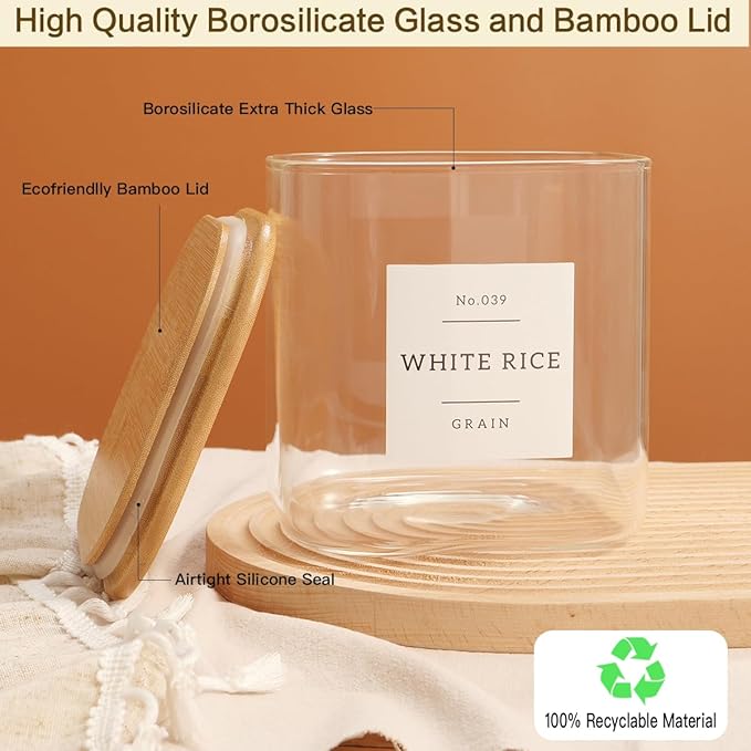 HHMJSM Large Glass Flour and Sugar Containers with 42 Kitchen Pantry Labels - 85 Oz Glass Food Storage Containers with Airtight Lids - Square Glass Jars with Bamboo Lids for Rice, Pasta, Cookies
