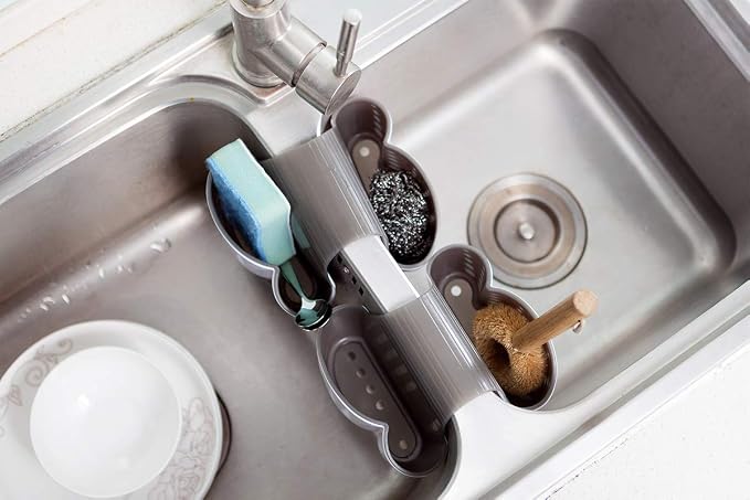 Kitchen Sink Caddy Sponge Holder, Saddle Faucet Organizer | Plastic Fitting Most Sink Rims, Removable Drain Basket Holding Sponges, Brushes & Stoppers Dry to Tidy Kitchen Sinks