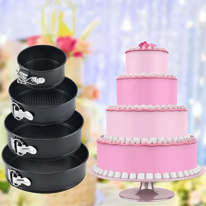4 Pack Springform Pan Set 4, 7, 9,10 Inch Nonstick Baking Mold Cheesecakes | Nonstick Round Tin Leakproof Removable Bottom Bakeware for Cake Pie Pizza and Quiches Carbon Steel and Non-stick Coating