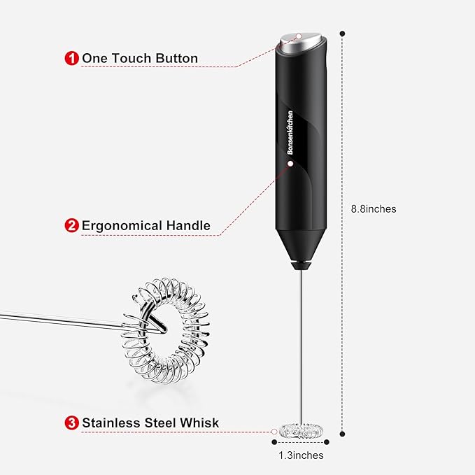Bonsenkitchen Milk Frother for Coffee, Battery Operated （Not Iincluded) | Fast Handheld Drink Mixer with Stainless Steel Whisk, Powerful Hand Frother, Creates Rich Foam